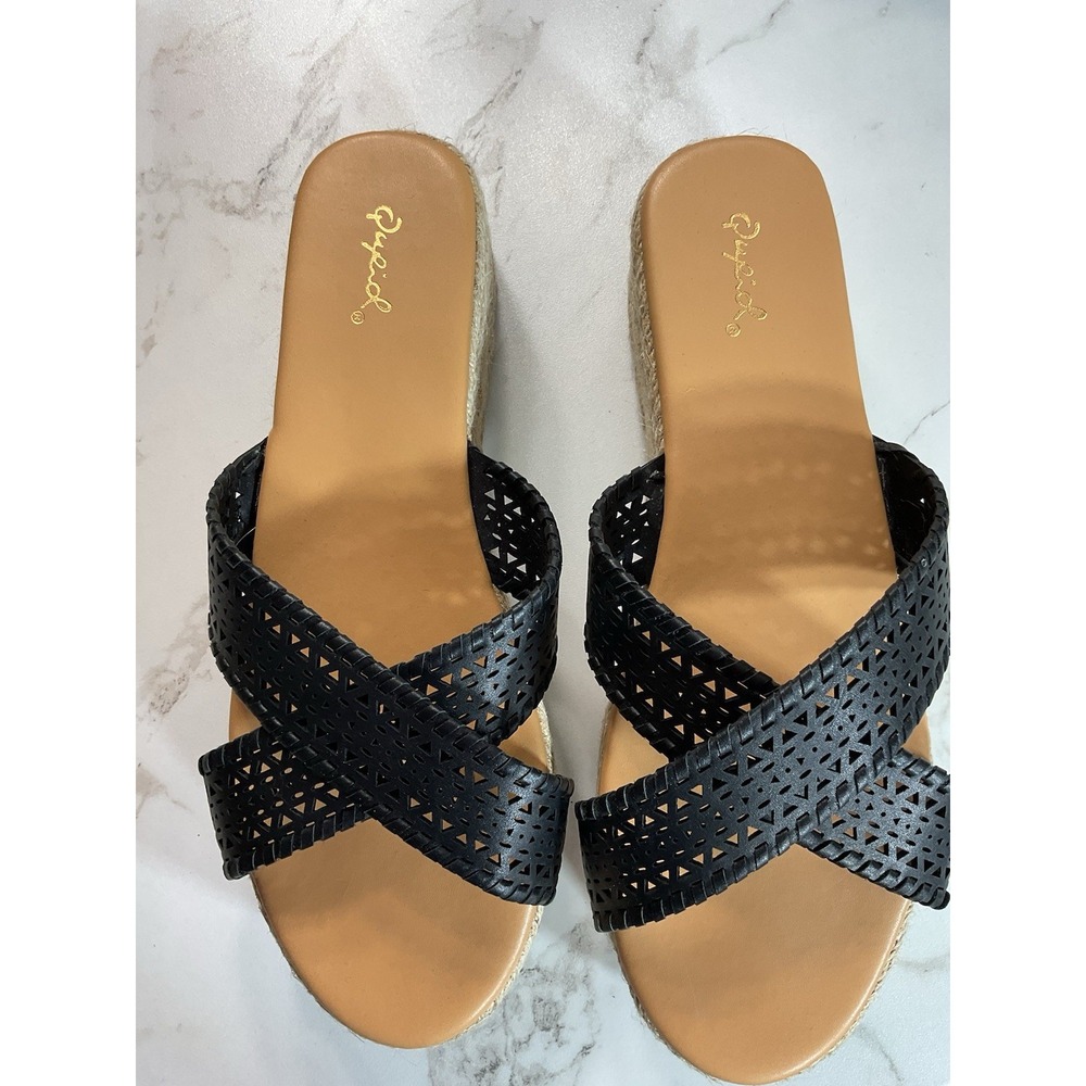Qupid Fiby-01 Espadrille Platform Sandals Womens 10 Black Laser Cut‎ Boho